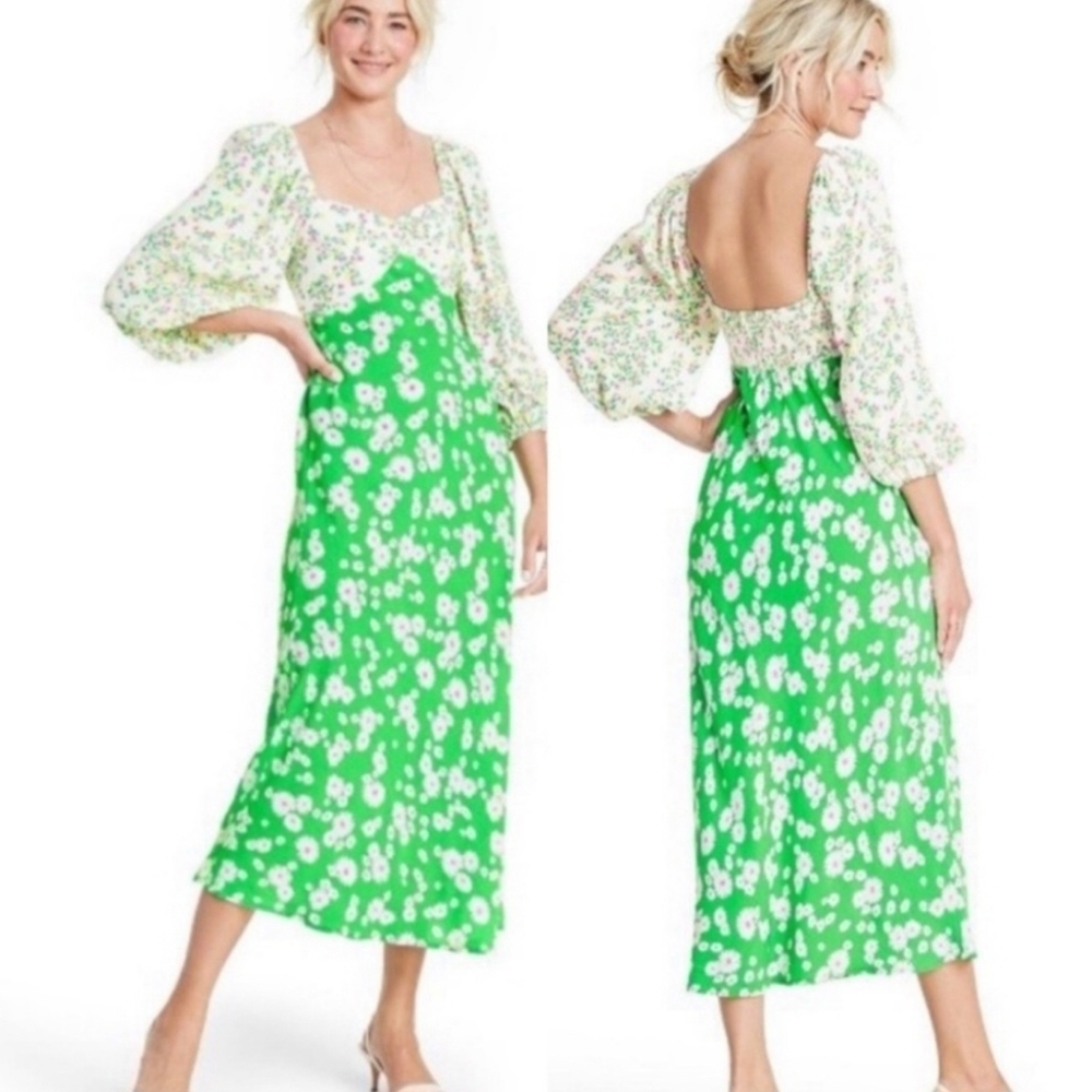 RIXO Green and White Floral Puff Sleeve Dress Size 4 - Picture 7 of 7